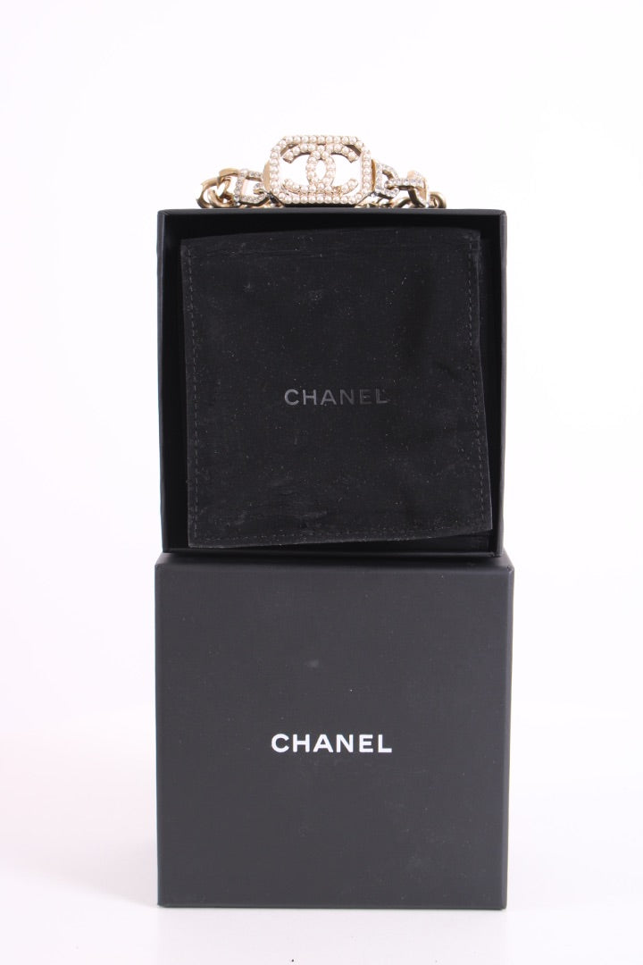 Chanel CC Faux Pearl Crystal Bracelet Champagne