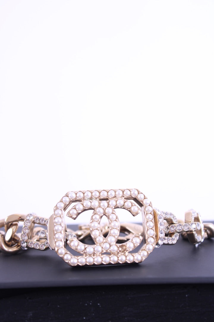 Chanel CC Faux Pearl Crystal Bracelet Champagne