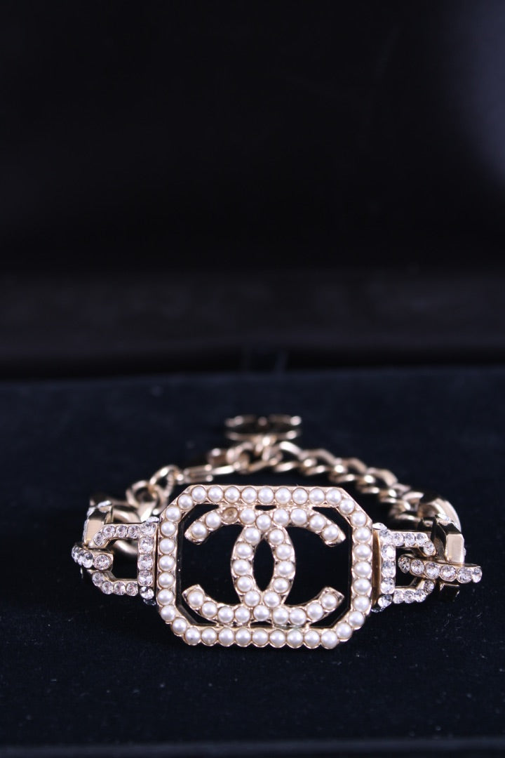 Chanel CC Faux Pearl Crystal Bracelet Champagne