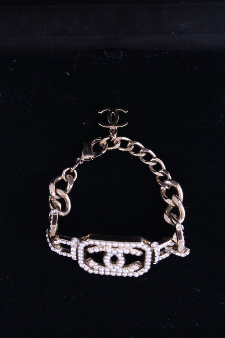 Chanel CC Faux Pearl Crystal Bracelet Champagne