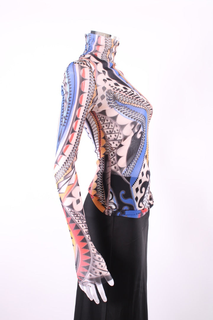 MarcCain L/S Sheer Print Top Blue/ Orange S