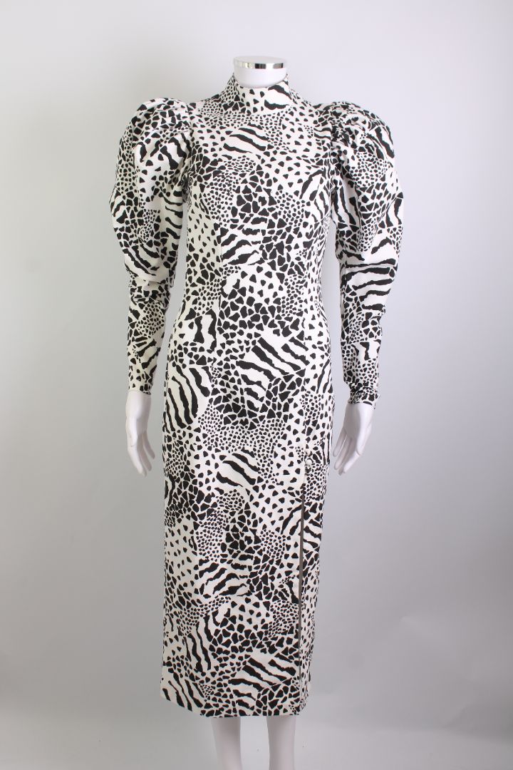 Rotate Birger Christensen Print Puff Sleeve Dress White/ Black XS
