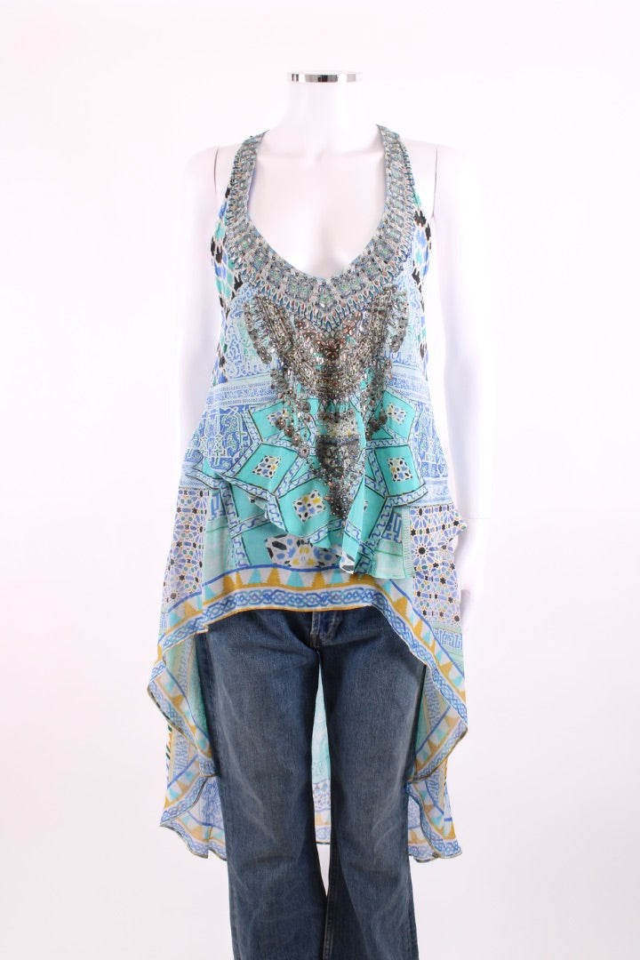 Camilla S/S Print High/ Low Blouse White/ Blue S