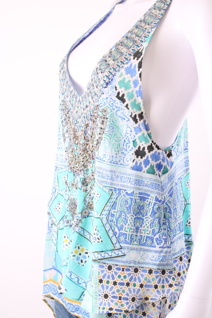 Camilla S/S Print High/ Low Blouse White/ Blue S