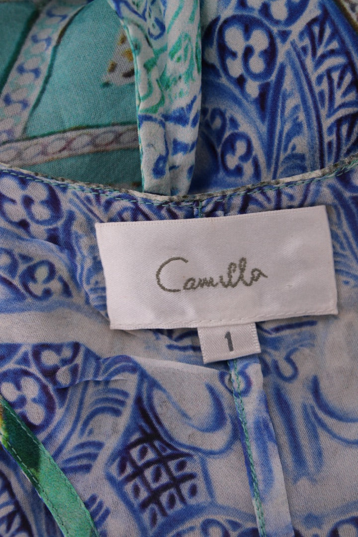 Camilla S/S Print High/ Low Blouse White/ Blue S