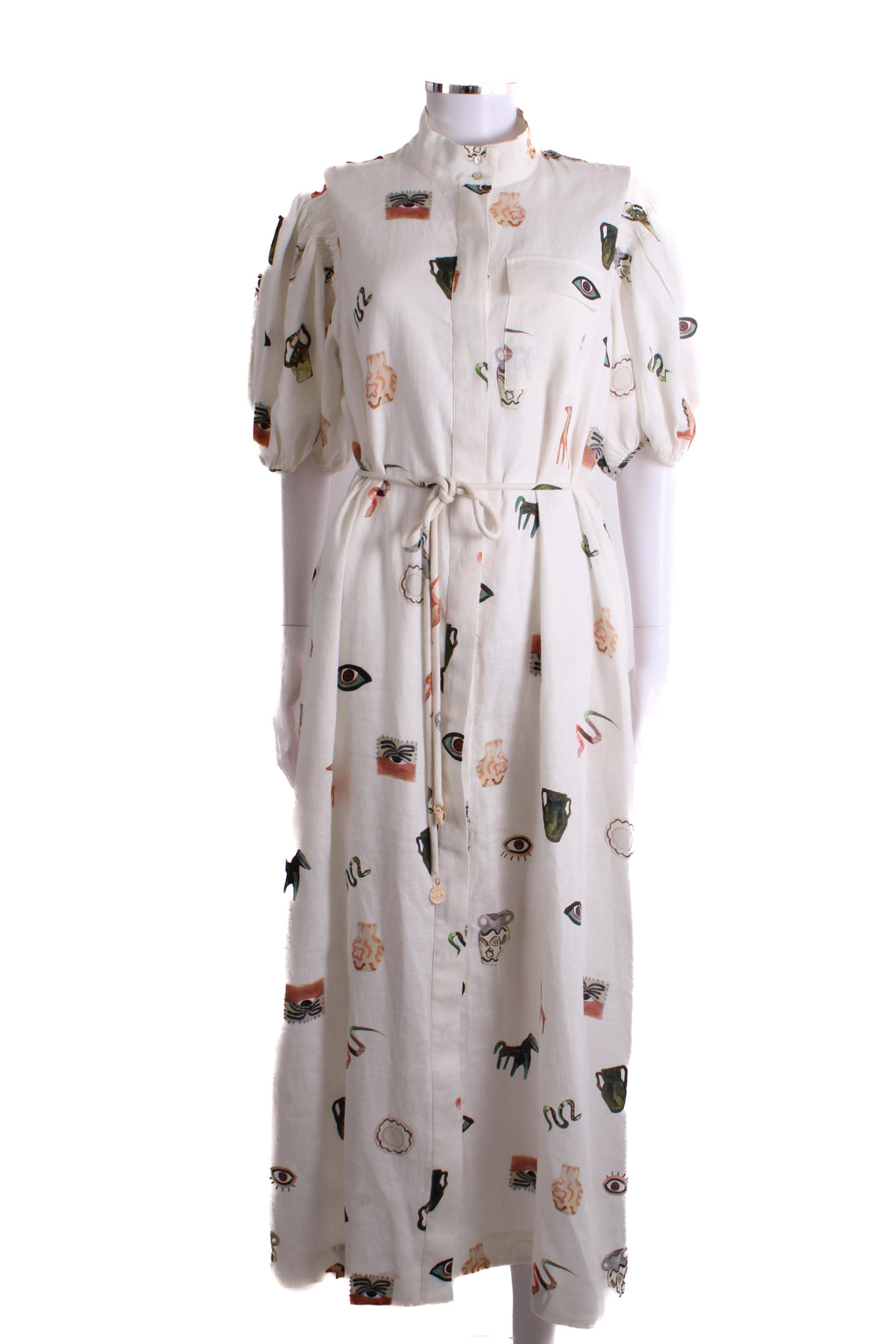 Alemais S/S Print Linen Dress Cream 12