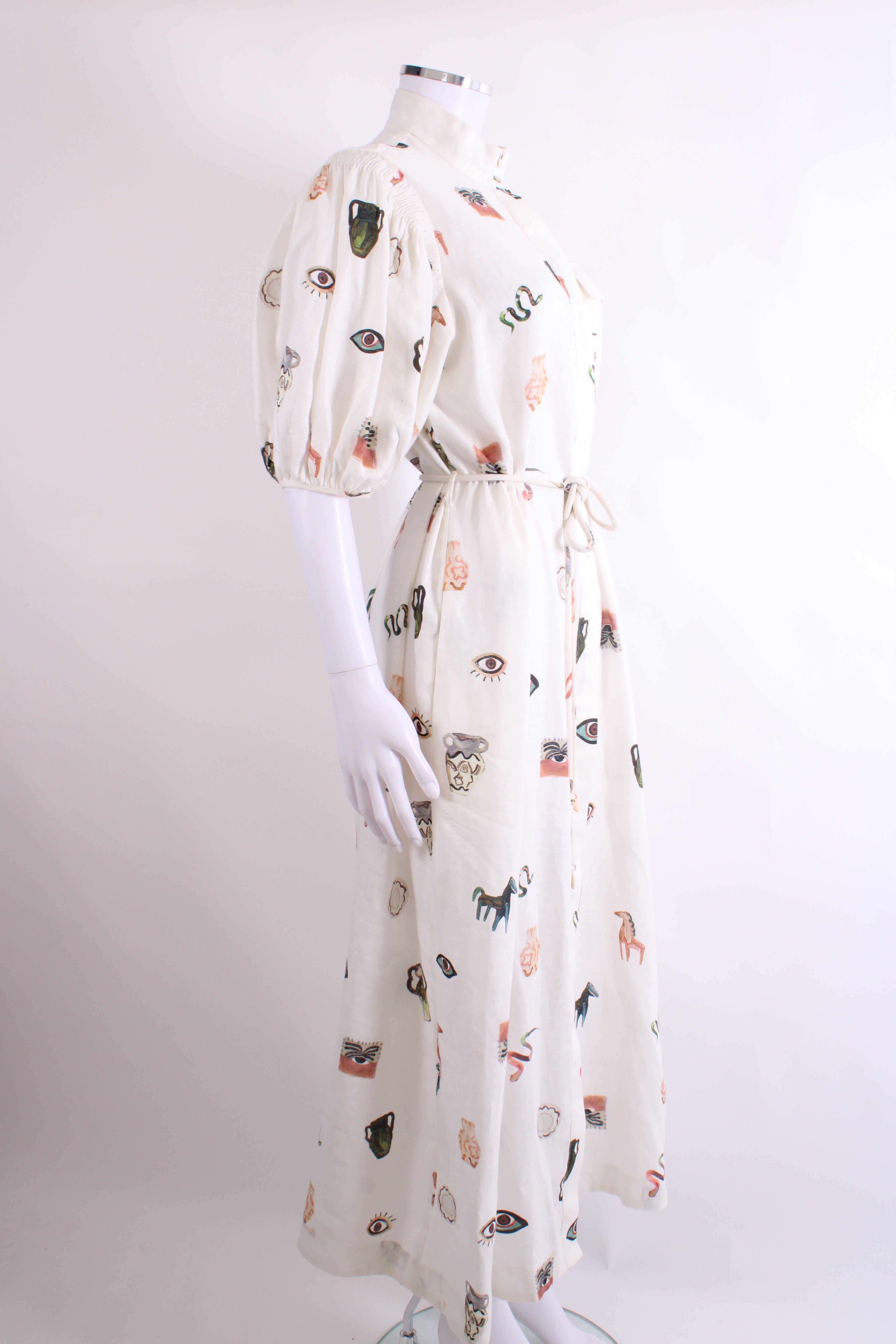 Alemais S/S Print Linen Dress Cream 12
