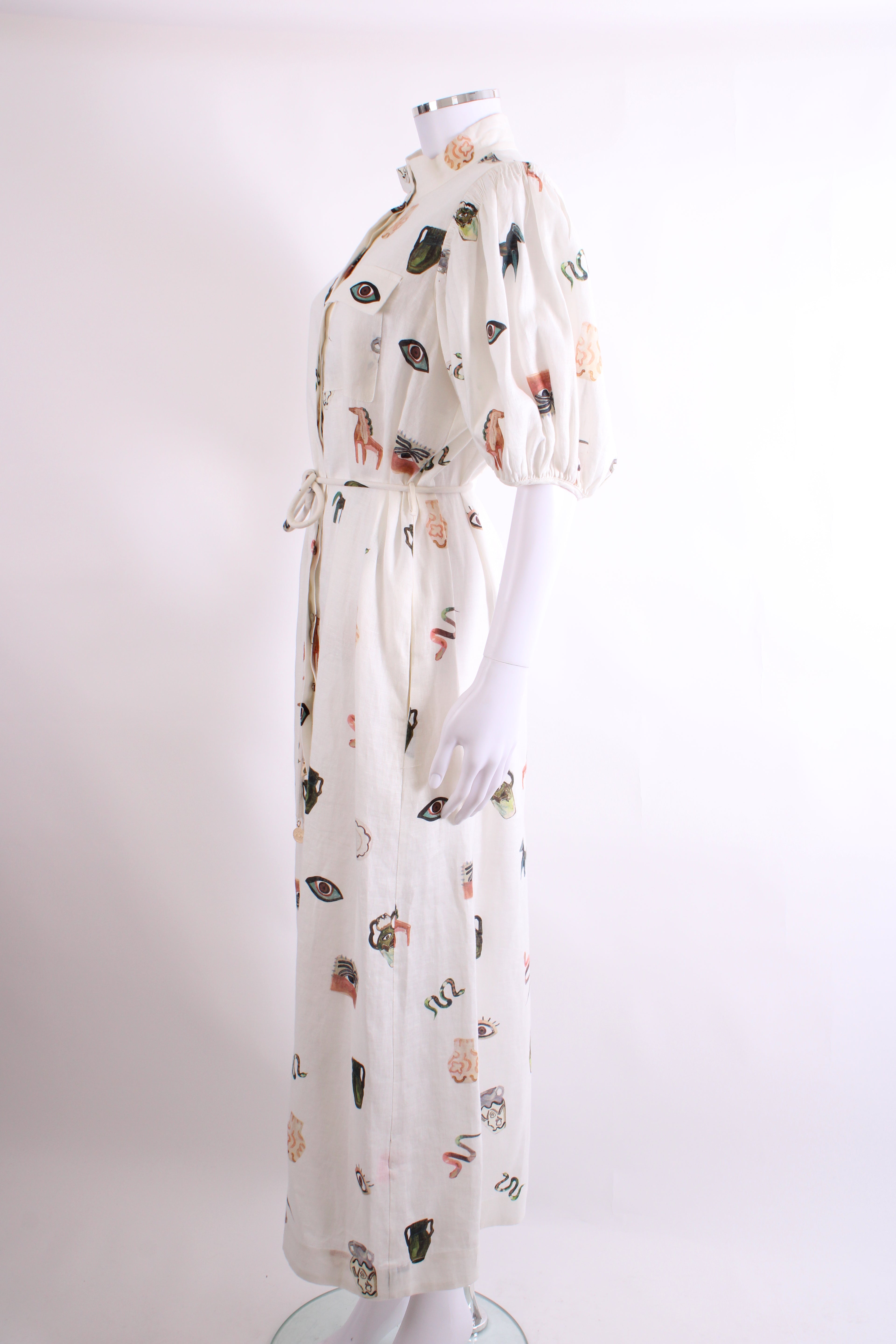 Alemais S/S Print Linen Dress Cream 12