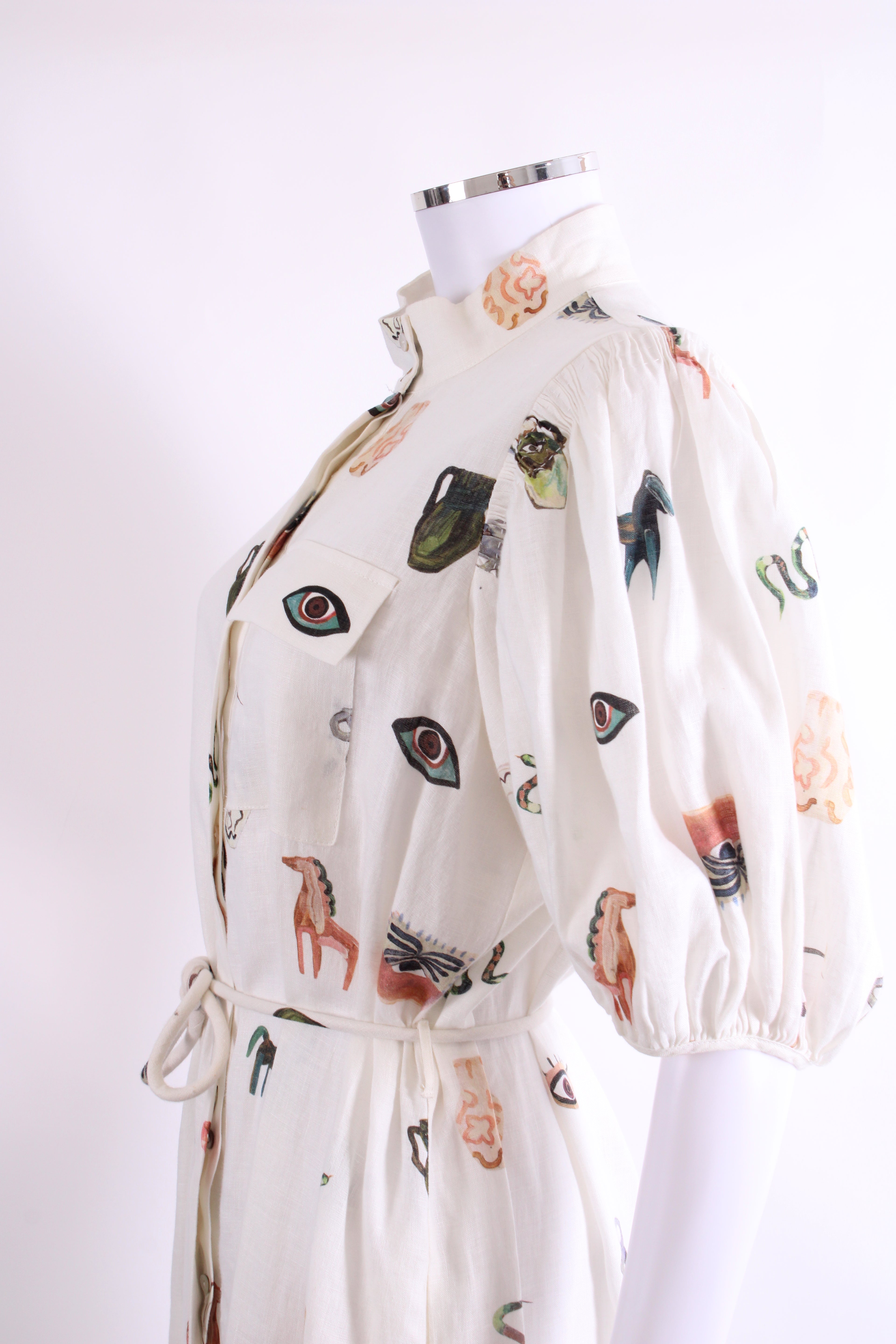 Alemais S/S Print Linen Dress Cream 12