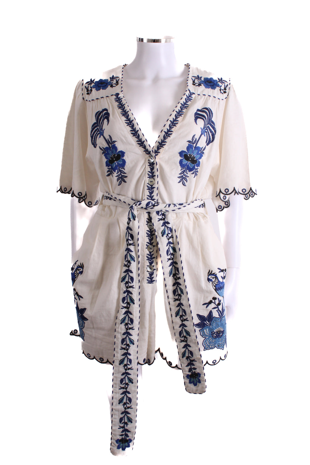 Farm Rio S/S Embroidered Belted Playsuit Cream/ Blue L