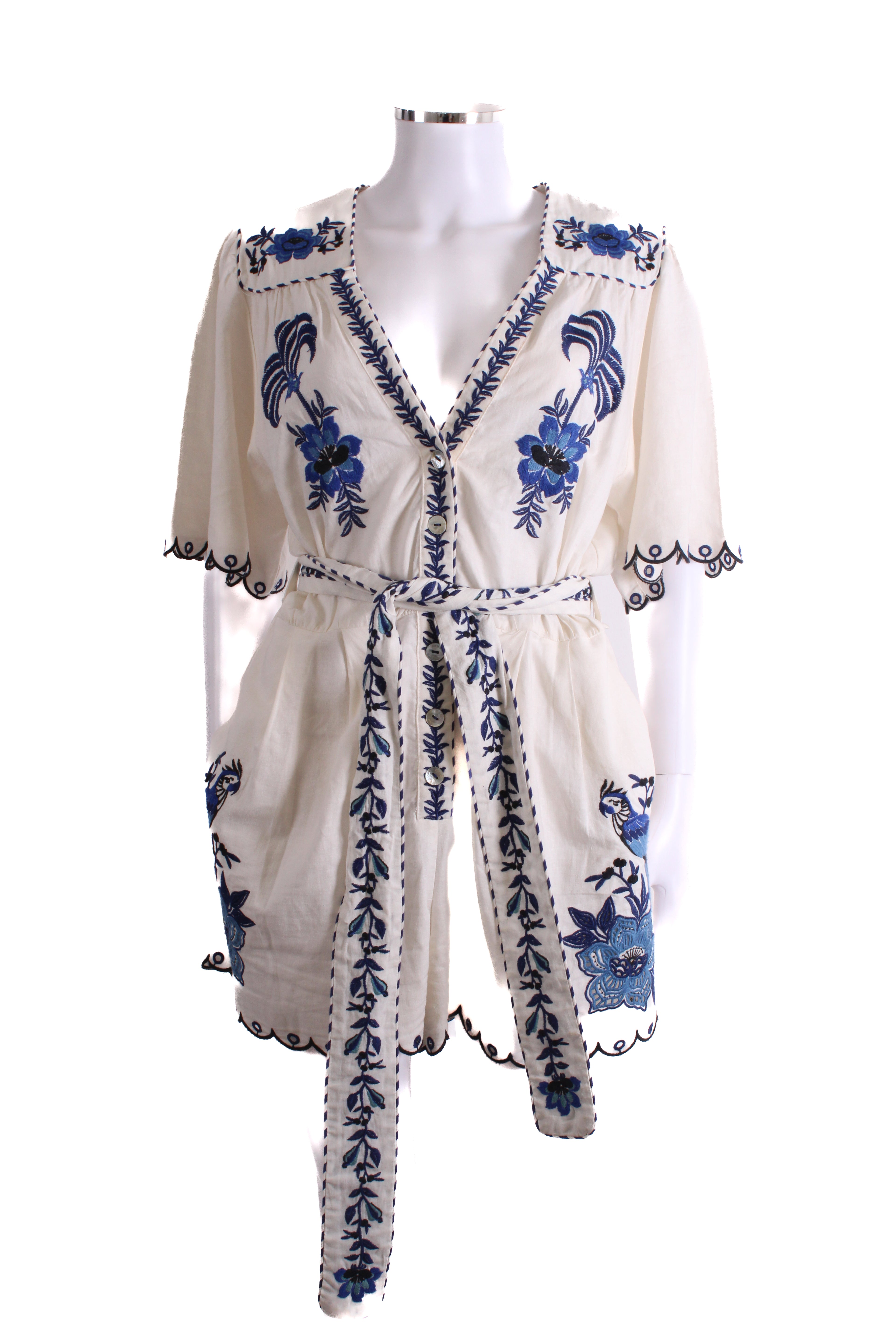 Farm Rio S/S Embroidered Belted Playsuit Cream/ Blue L