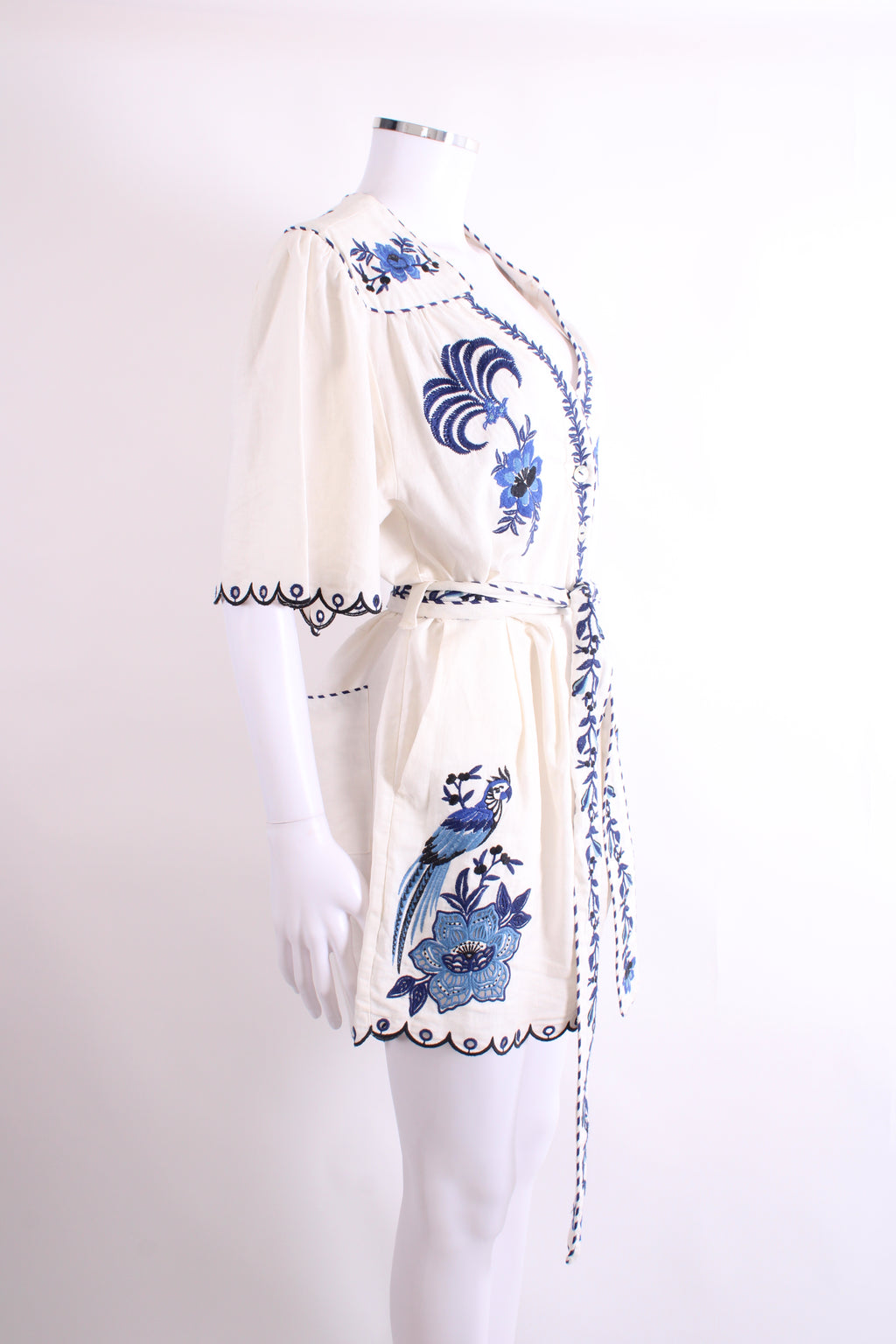Farm Rio S/S Embroidered Belted Playsuit Cream/ Blue L