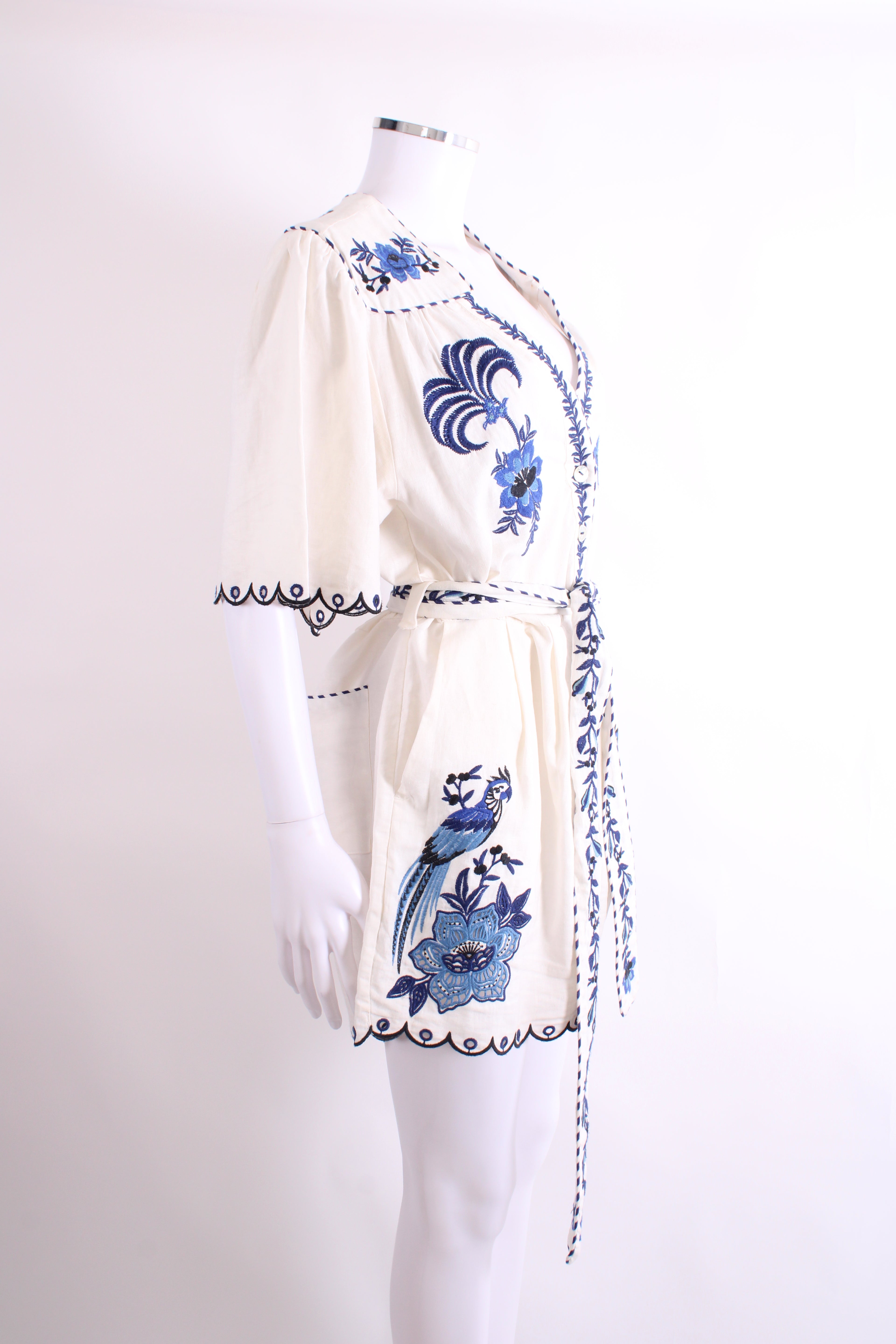 Farm Rio S/S Embroidered Belted Playsuit Cream/ Blue L