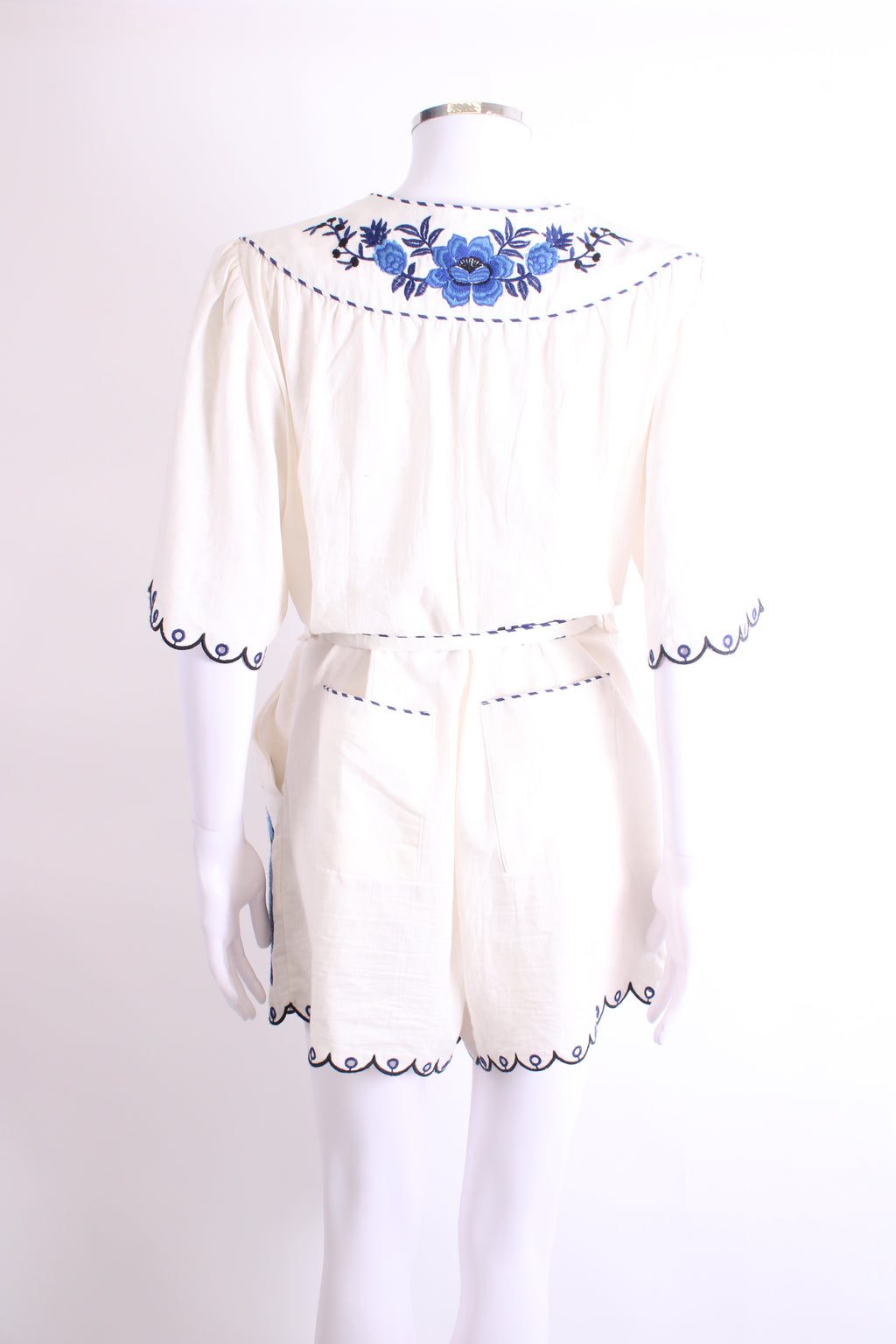 Farm Rio S/S Embroidered Belted Playsuit Cream/ Blue L