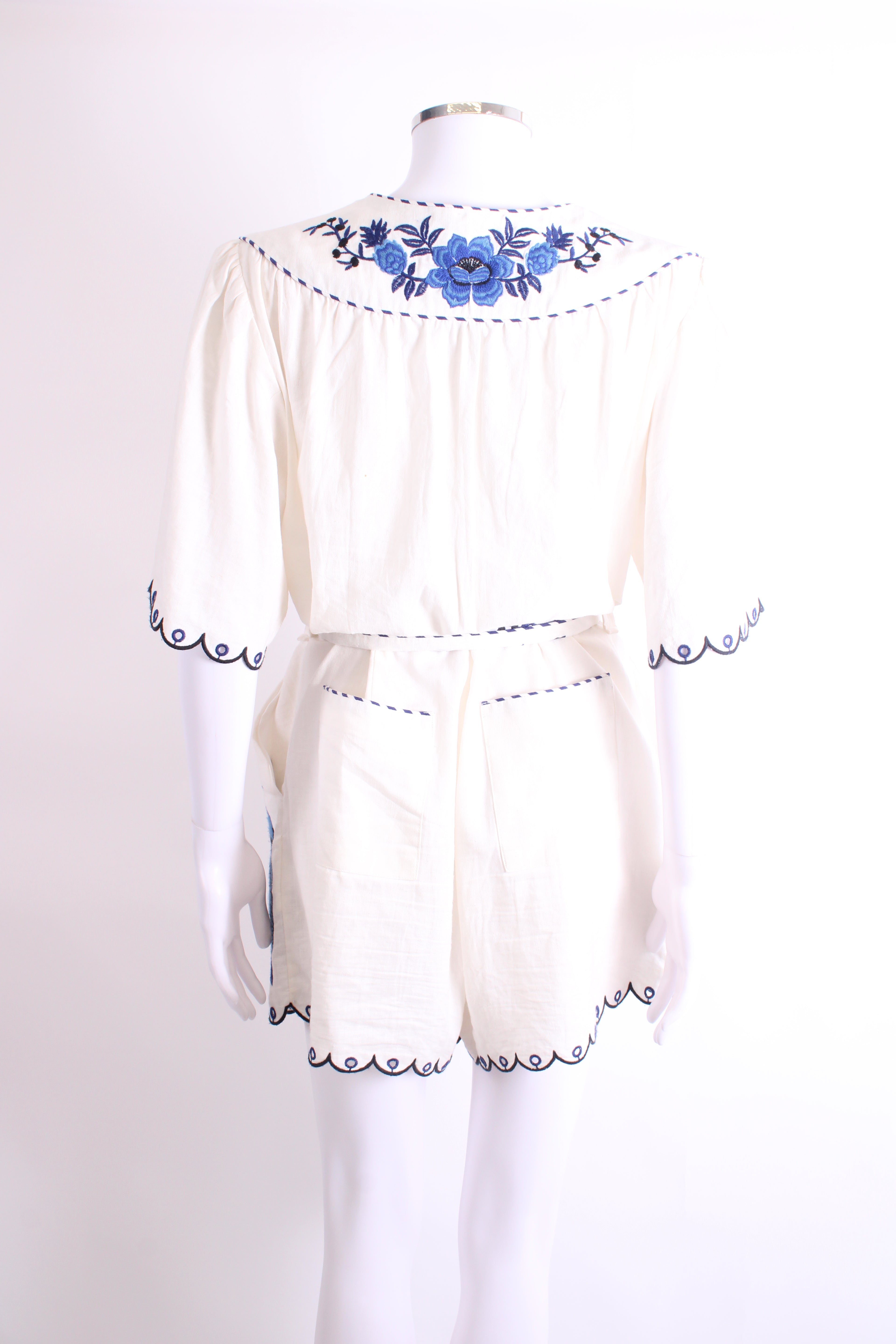 Farm Rio S/S Embroidered Belted Playsuit Cream/ Blue L