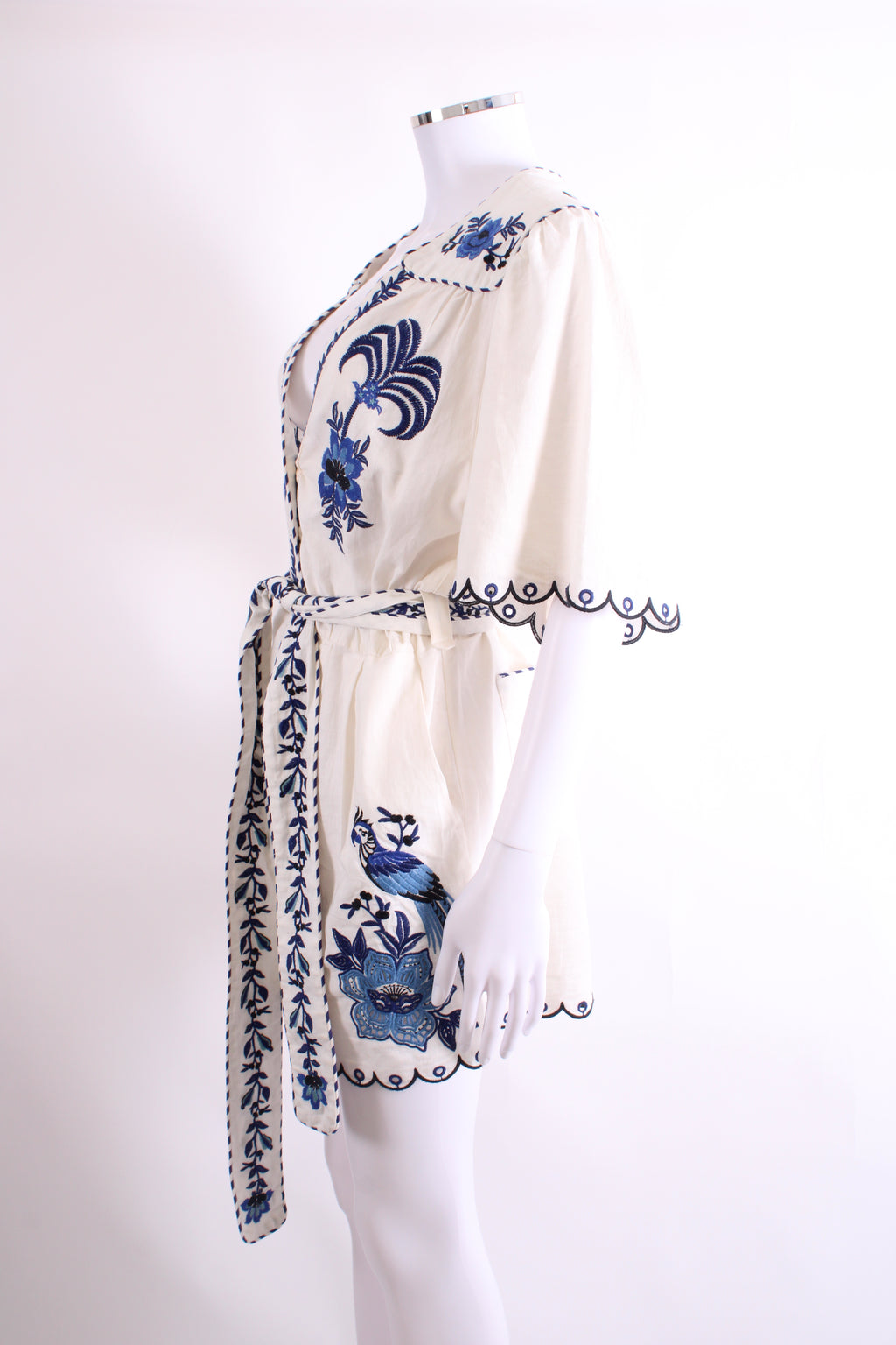 Farm Rio S/S Embroidered Belted Playsuit Cream/ Blue L