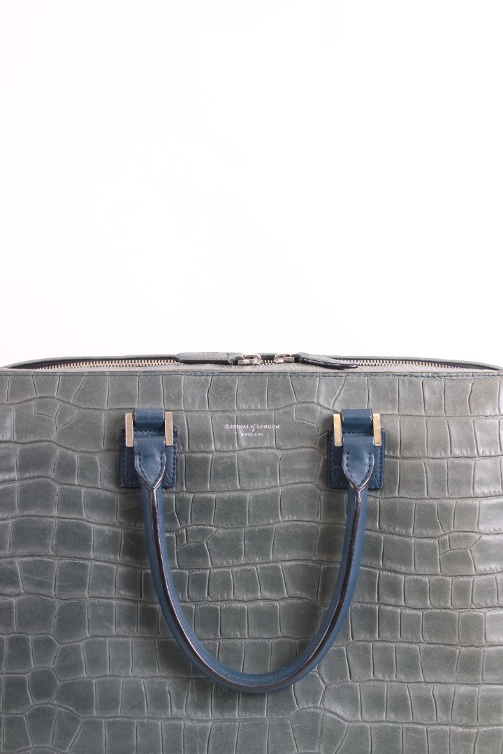 Aspinal of London Croc Effect Briefcase Grey / Navy