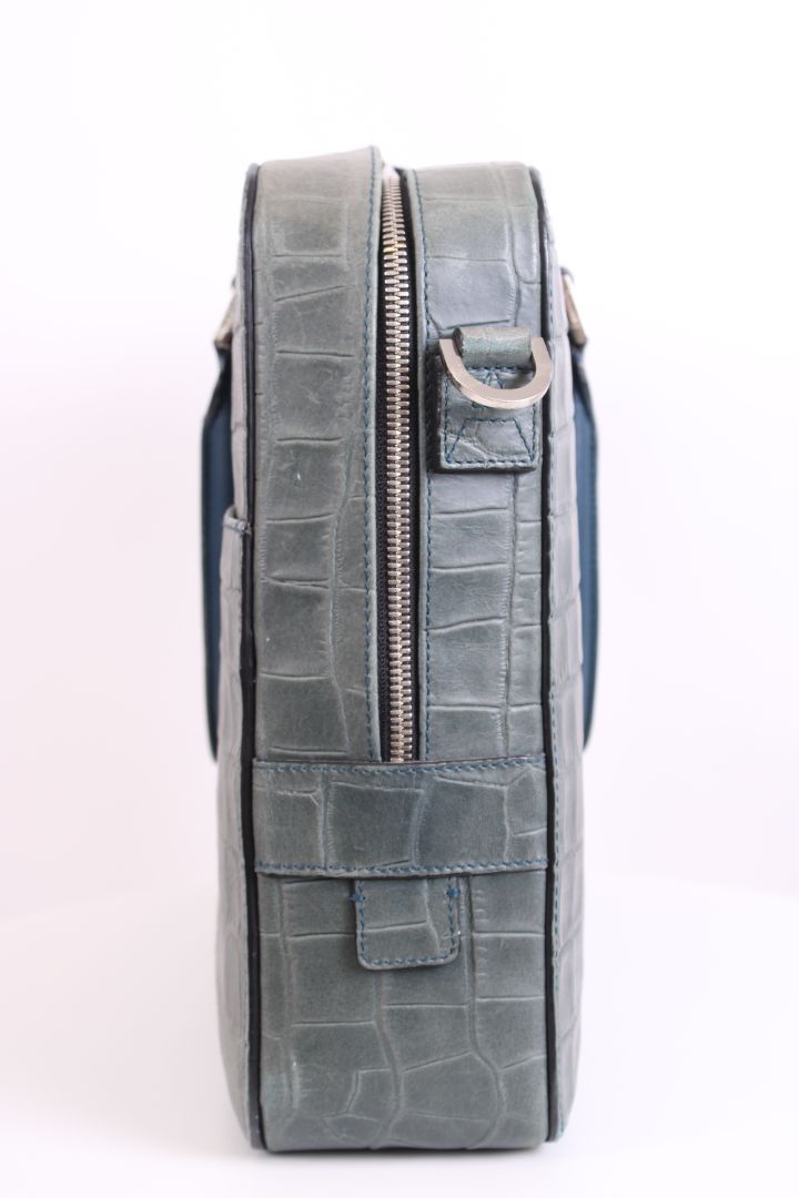 Aspinal of London Croc Effect Briefcase Grey / Navy