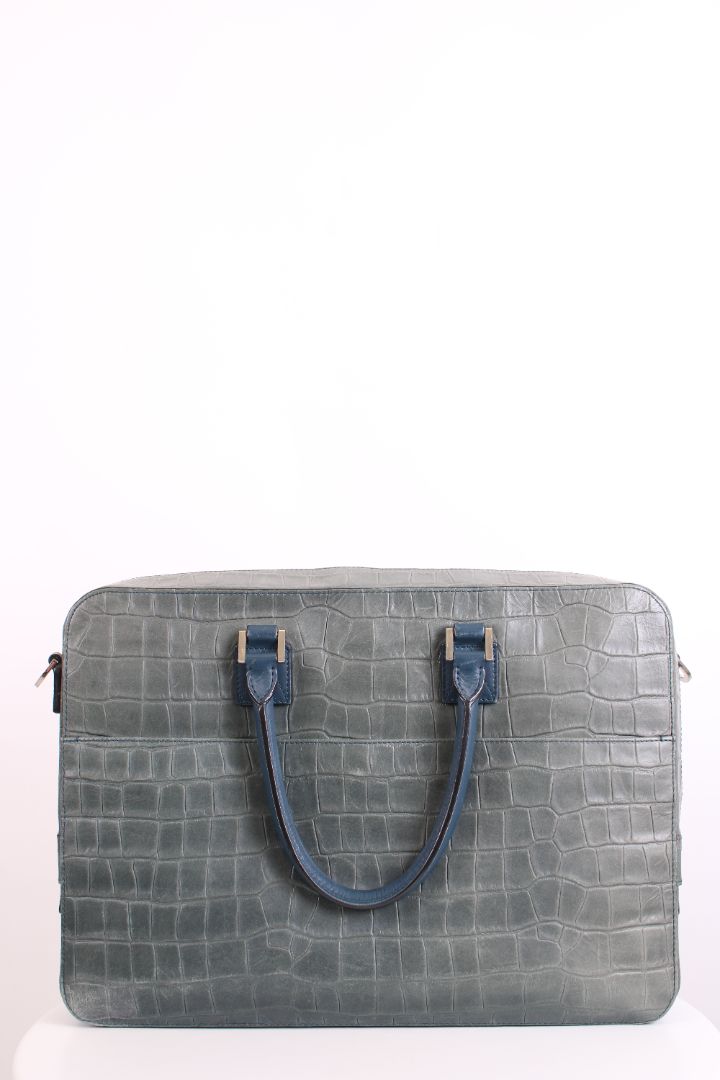 Aspinal of London Croc Effect Briefcase Grey / Navy