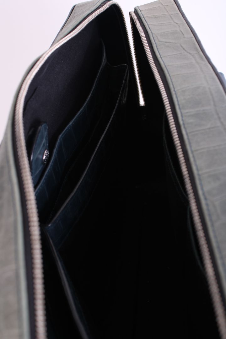 Aspinal of London Croc Effect Briefcase Grey / Navy