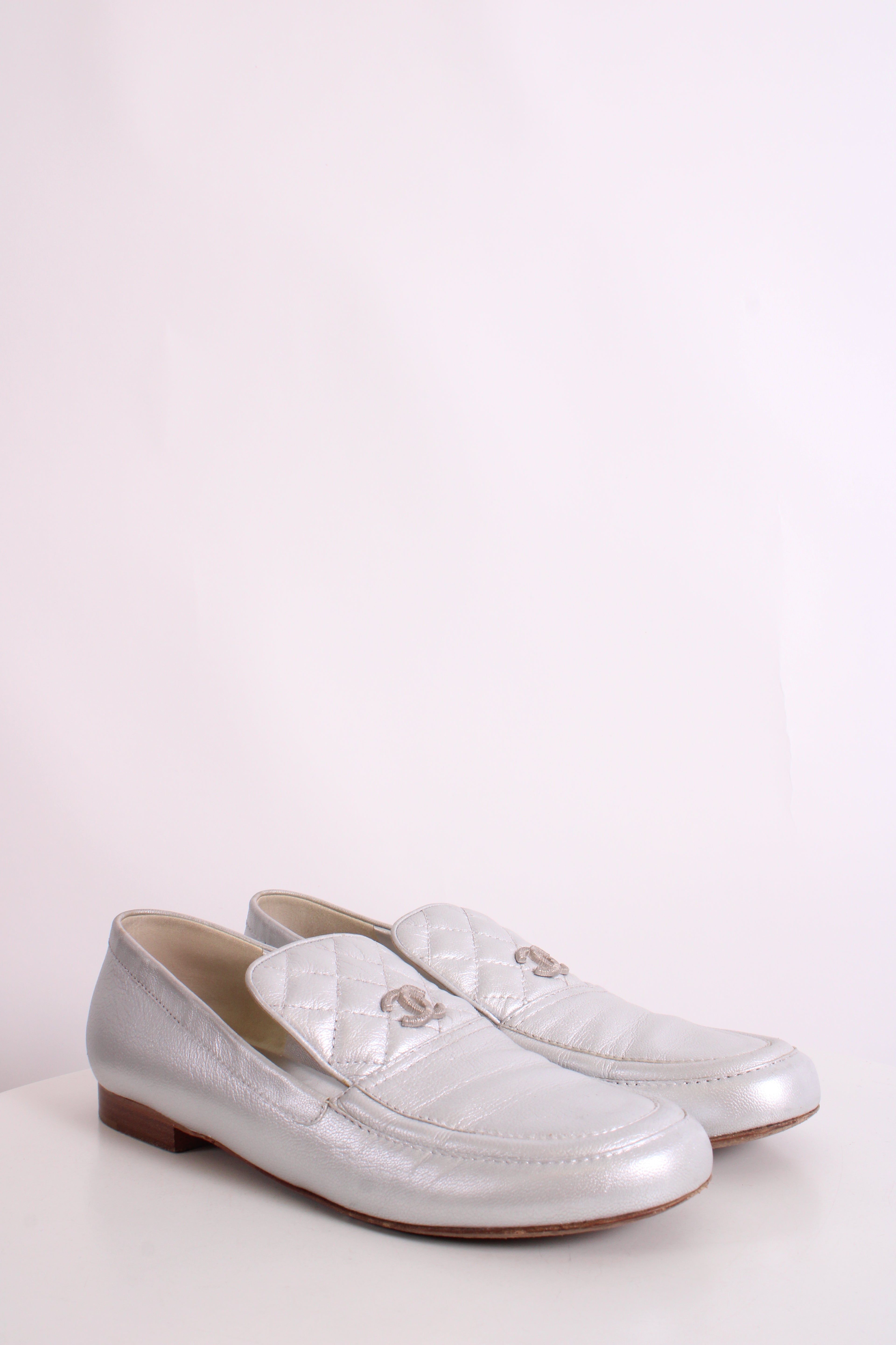 Chanel CC Loafers Silver 40