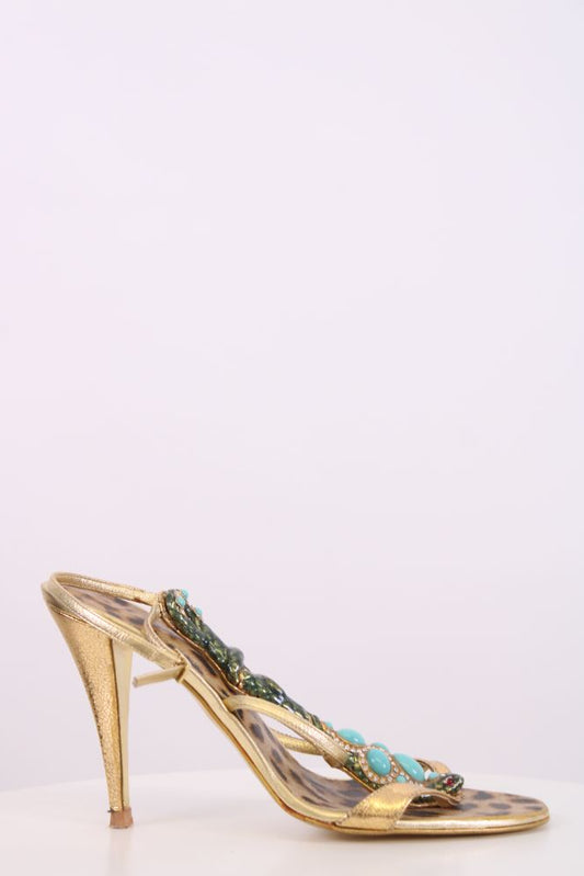 Roberto Cavalli Snake strap leopard heels Gold/green 39