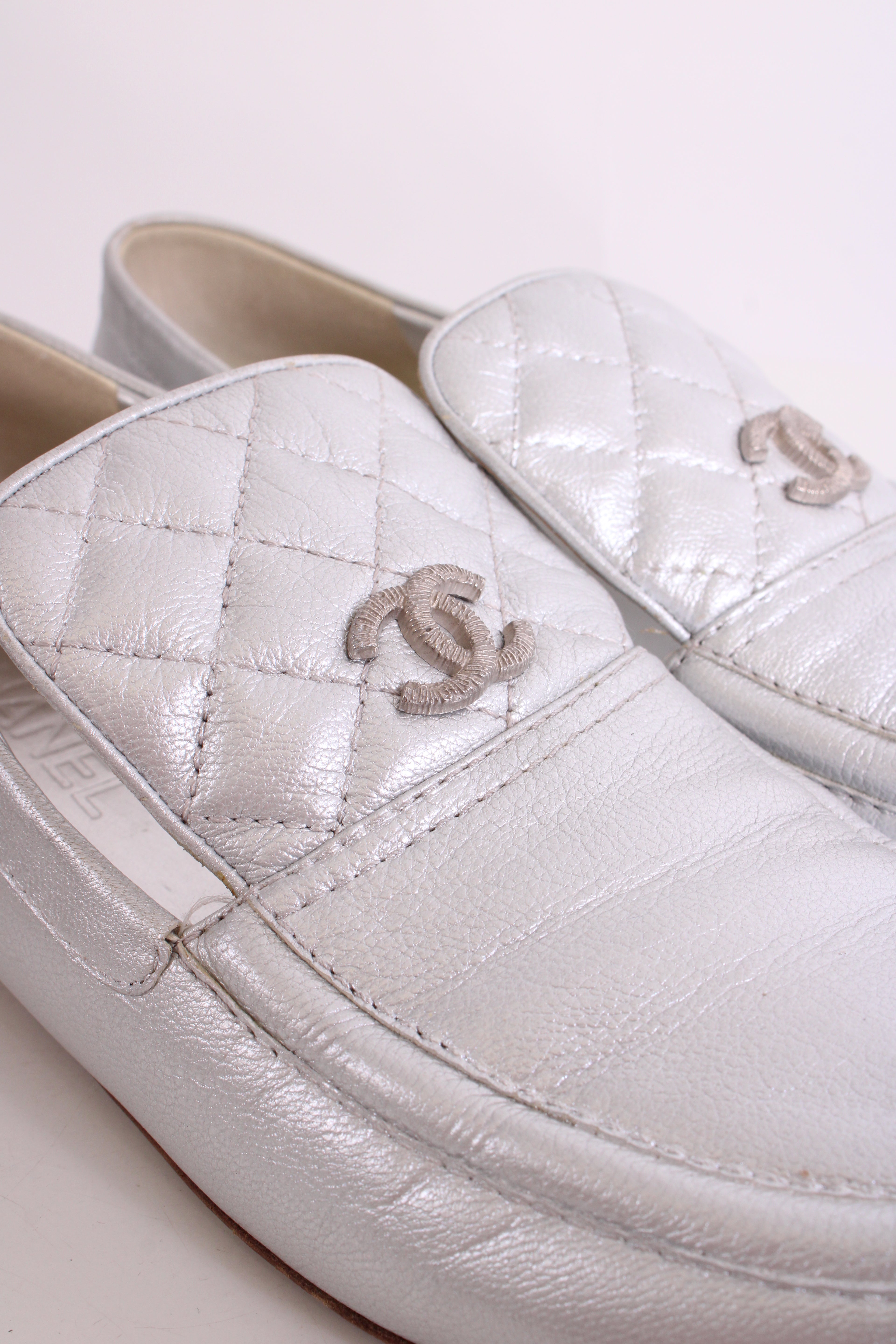 Chanel CC Loafers Silver 40