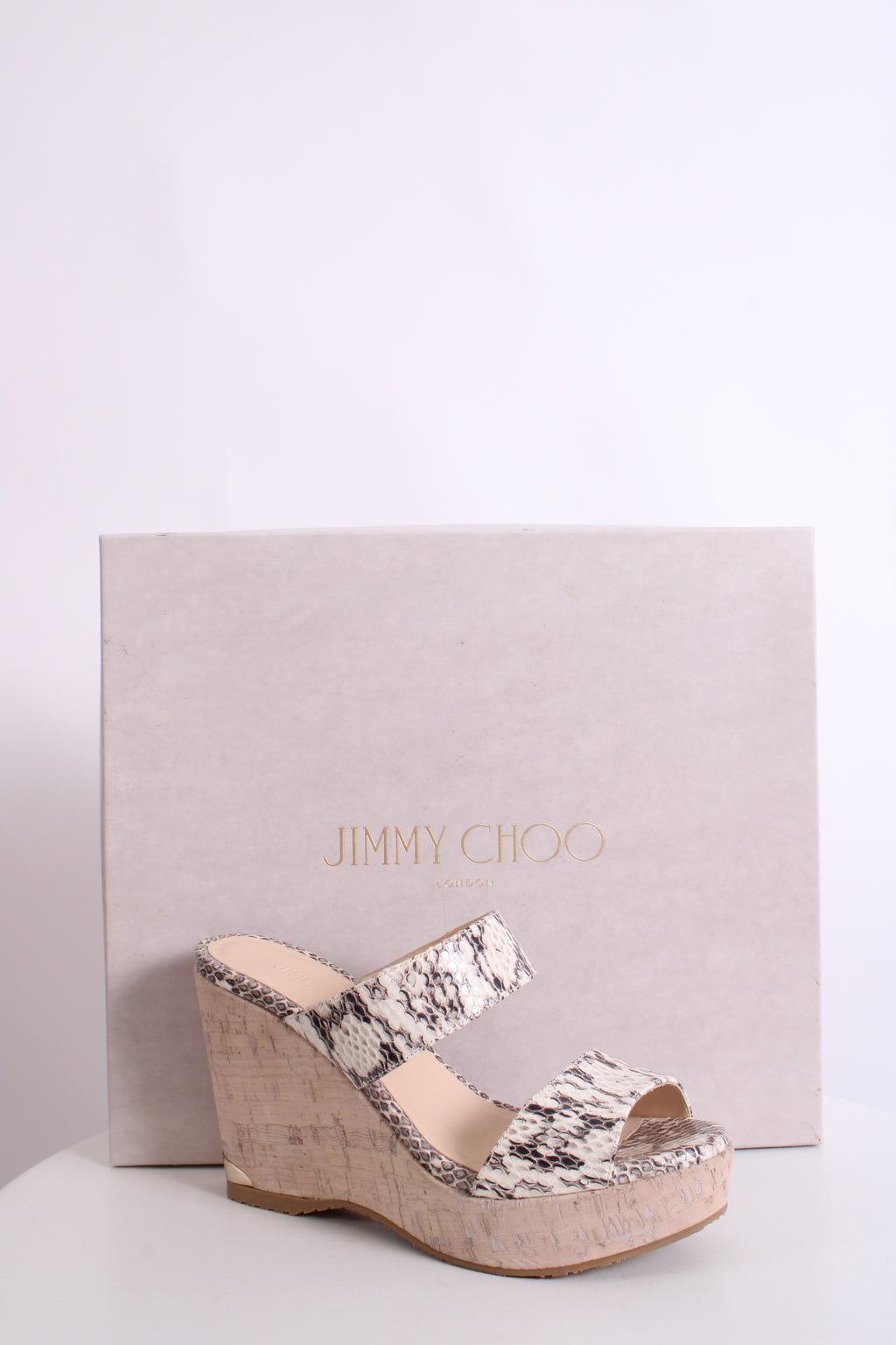Jimmy Choo Snake Print Cork Wedges White/ Grey 37