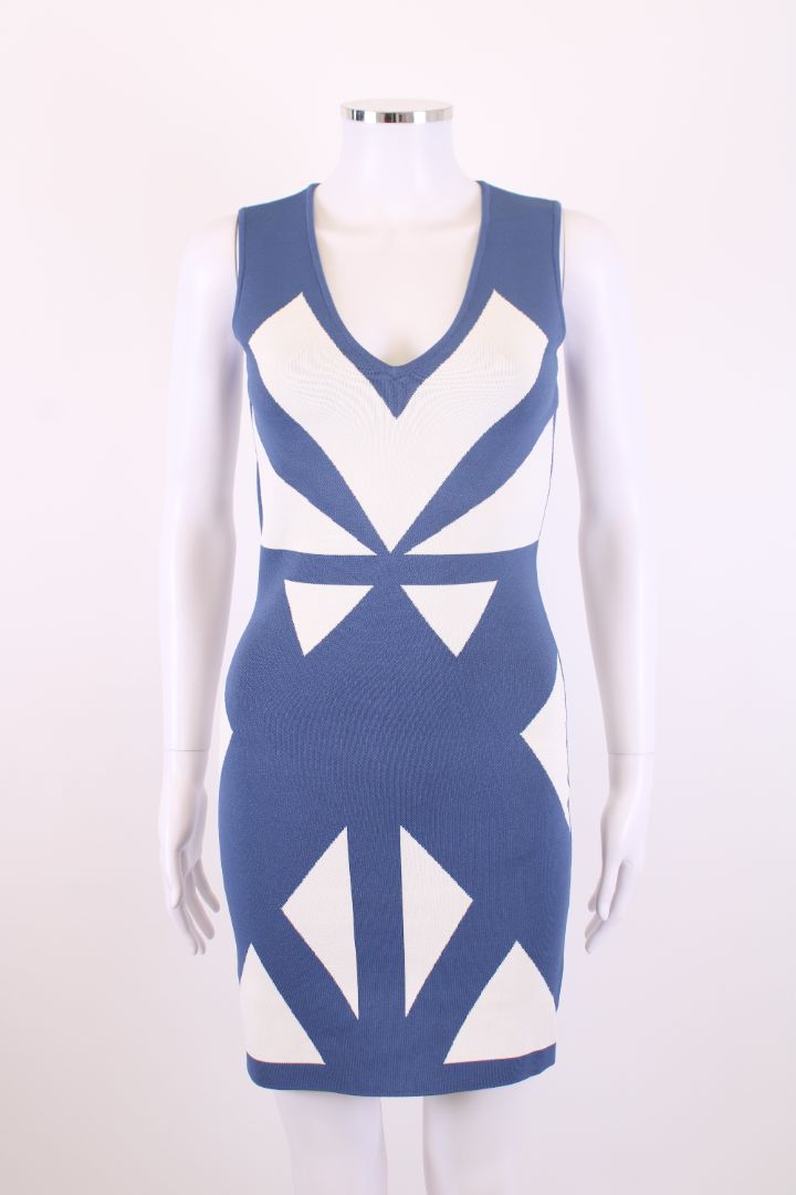 BCBGMAXAZRIA body con mini dress blue and white M