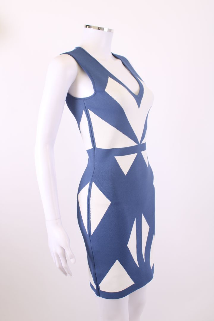BCBGMAXAZRIA body con mini dress blue and white M