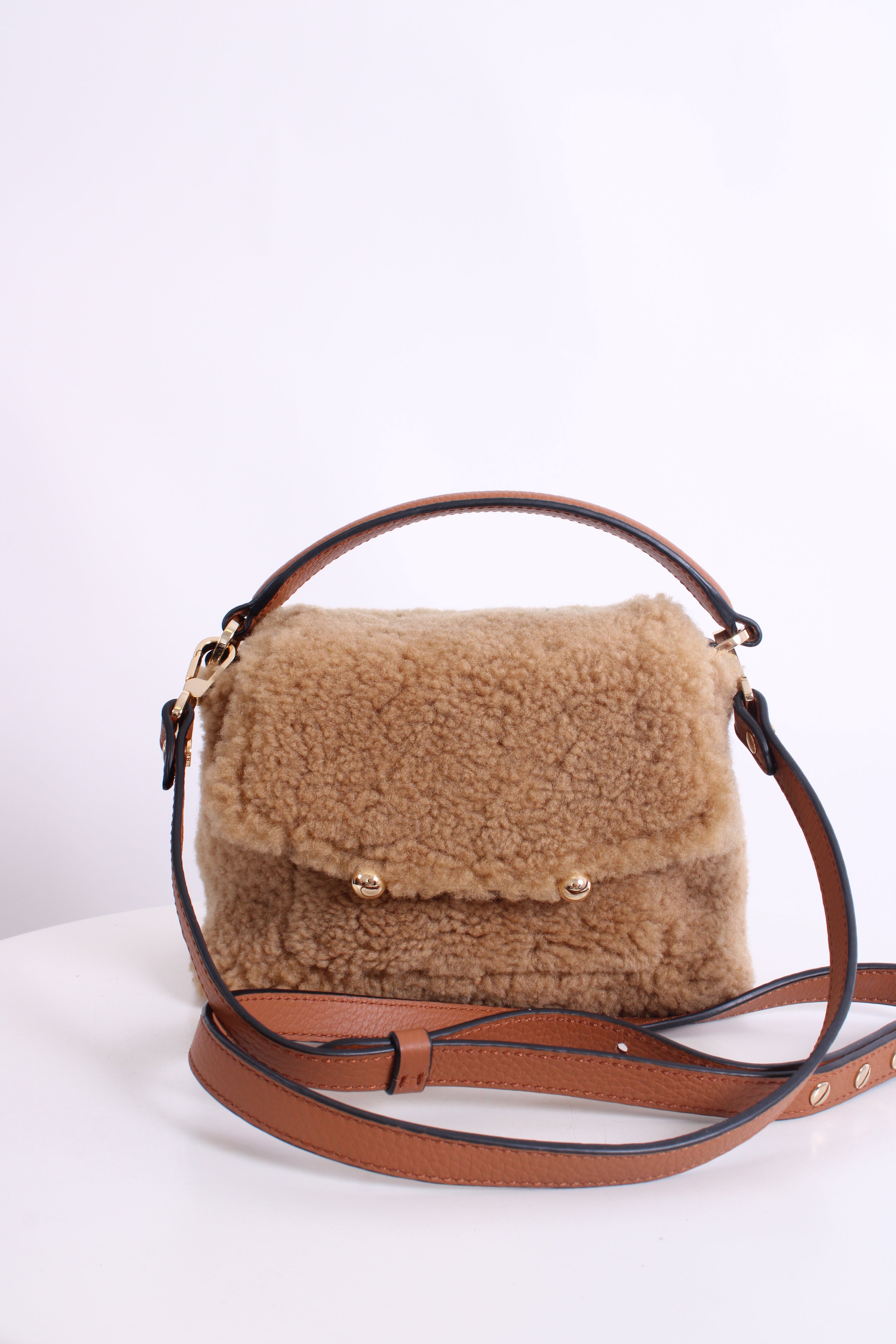 Strathberry Shearling Mosaic Nano Bag Tan