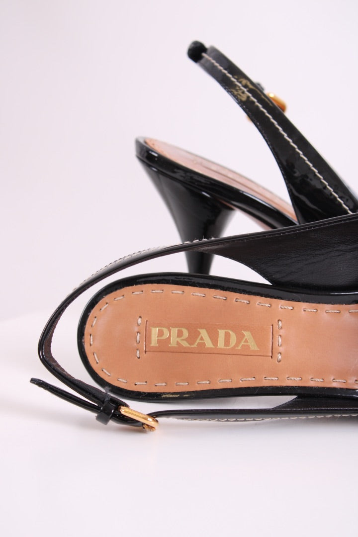 Prada sling back peep toe bow black & beige 5