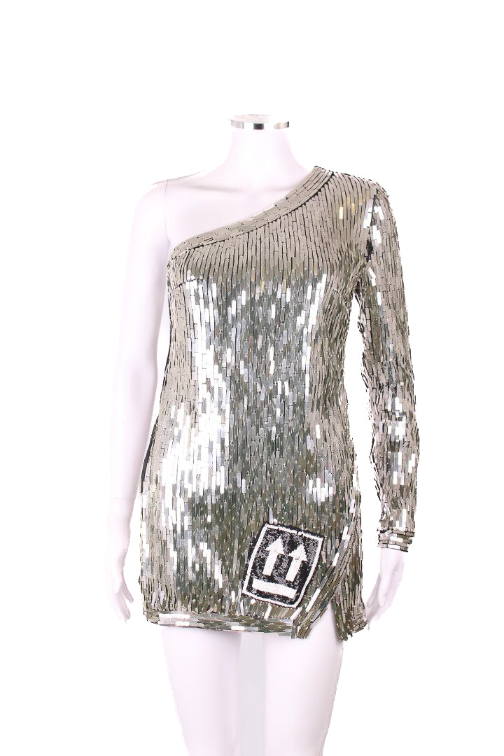 Off-White Silver Sequin One Shoulder Dress Silver XS
