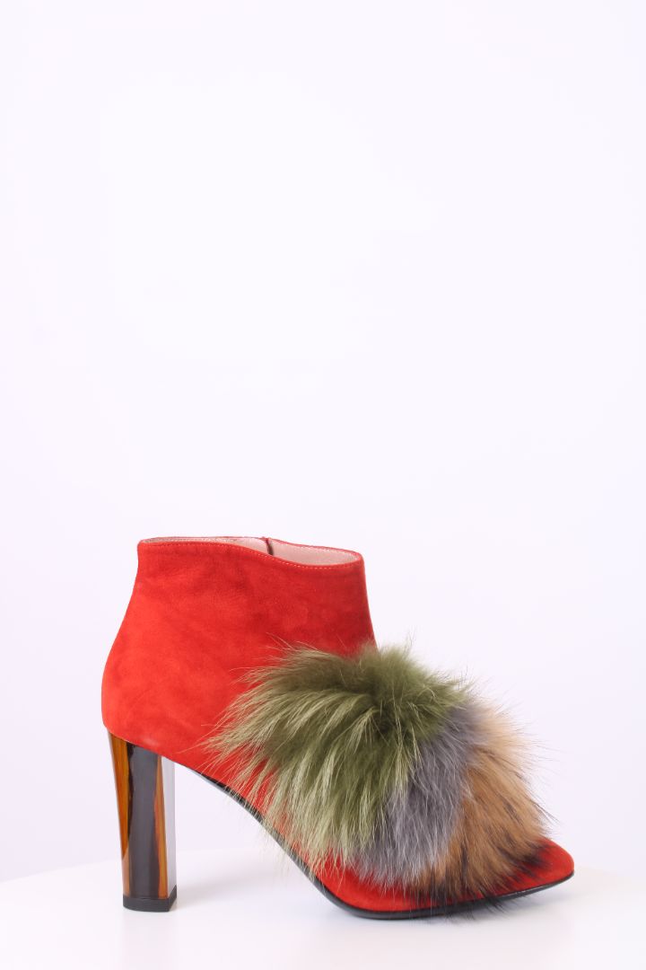 Pollini Fur Pom Pom Ankle Boots Orange 39