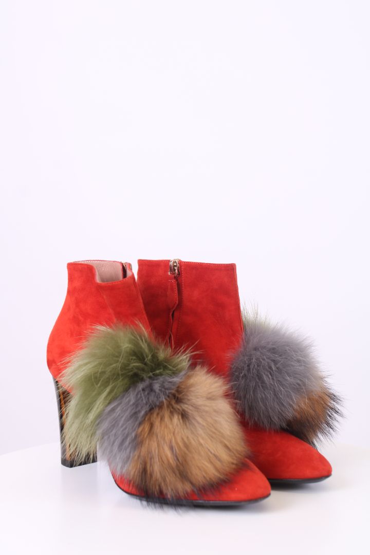 Pollini Fur Pom Pom Ankle Boots Orange 39