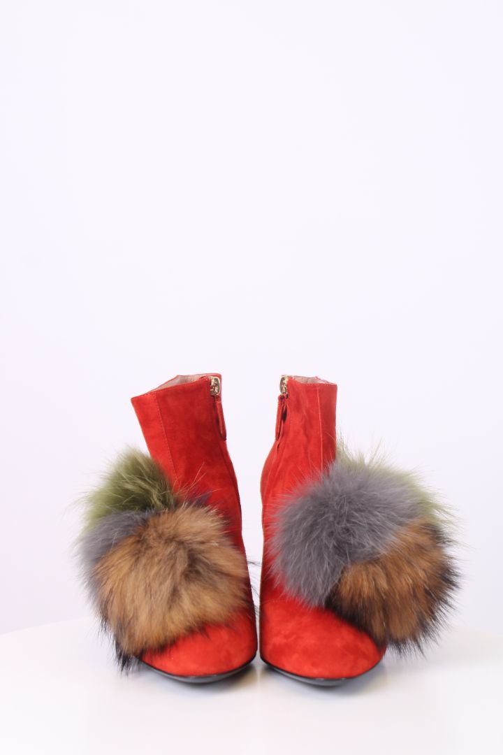 Pollini Fur Pom Pom Ankle Boots Orange 39