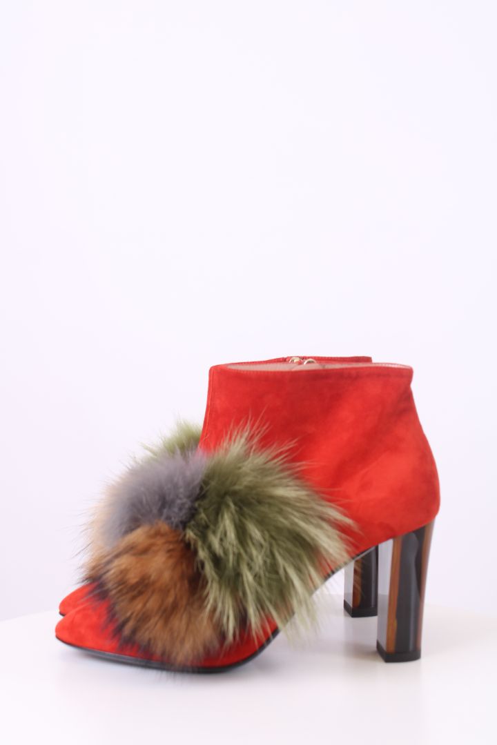 Pollini Fur Pom Pom Ankle Boots Orange 39