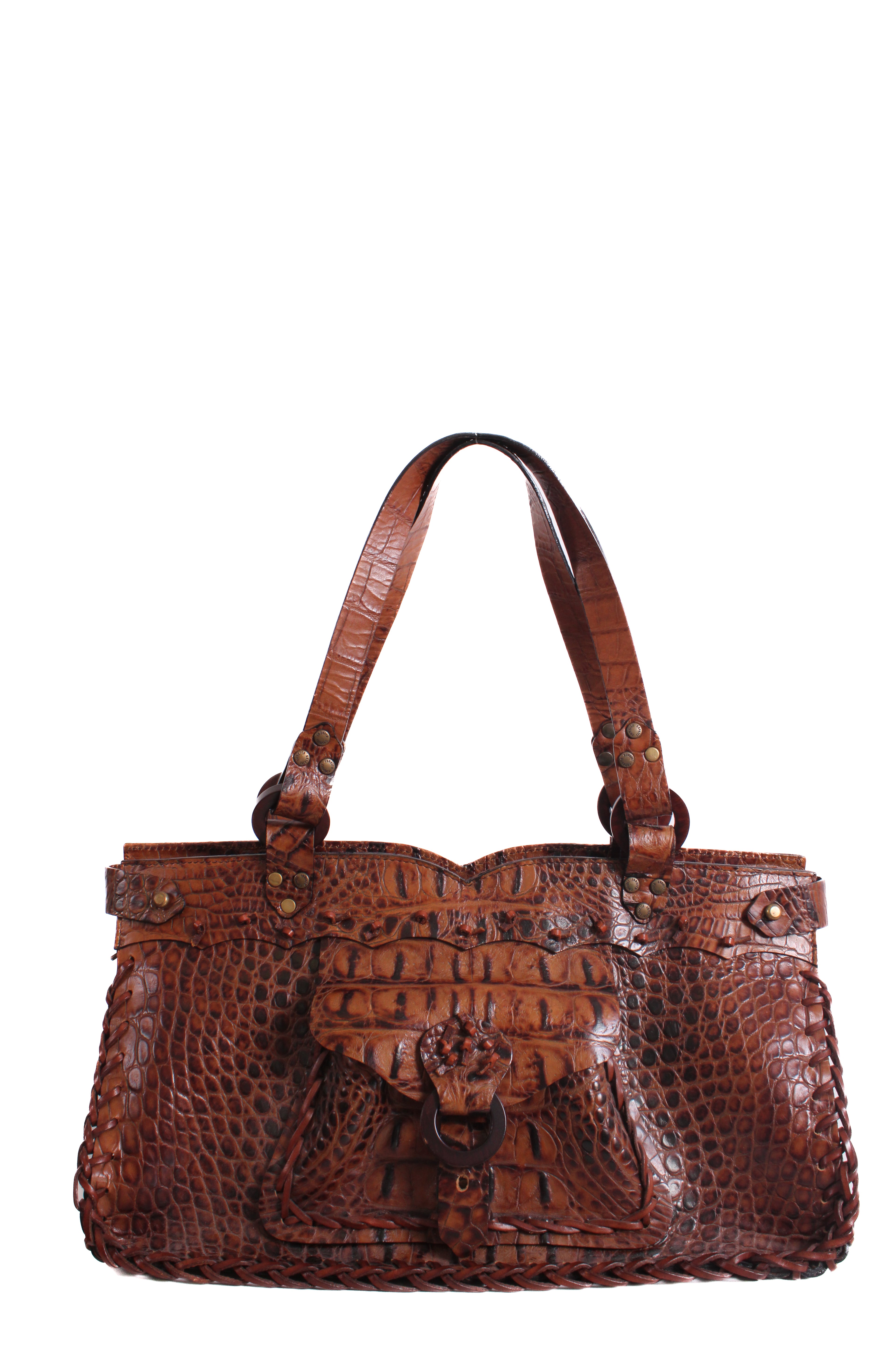 Roberto Cavalli Crocodile Embossed Handbag Tan
