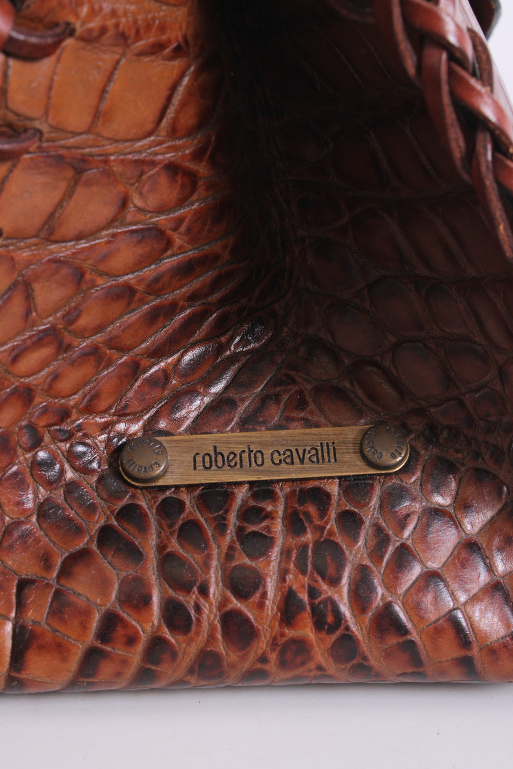 Roberto Cavalli Crocodile Embossed Handbag Tan