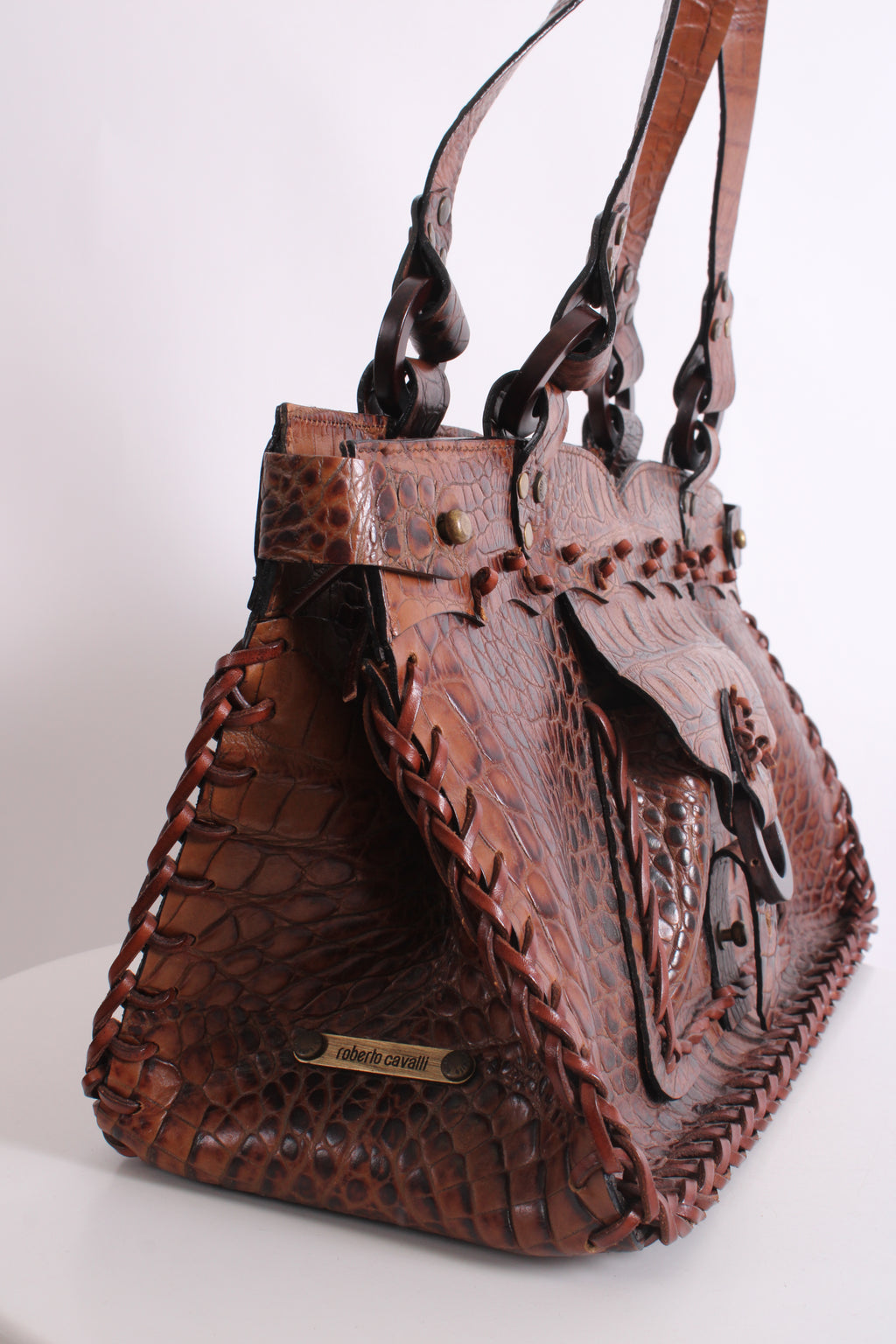 Roberto Cavalli Crocodile Embossed Handbag Tan