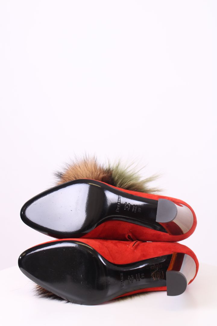 Pollini Fur Pom Pom Ankle Boots Orange 39