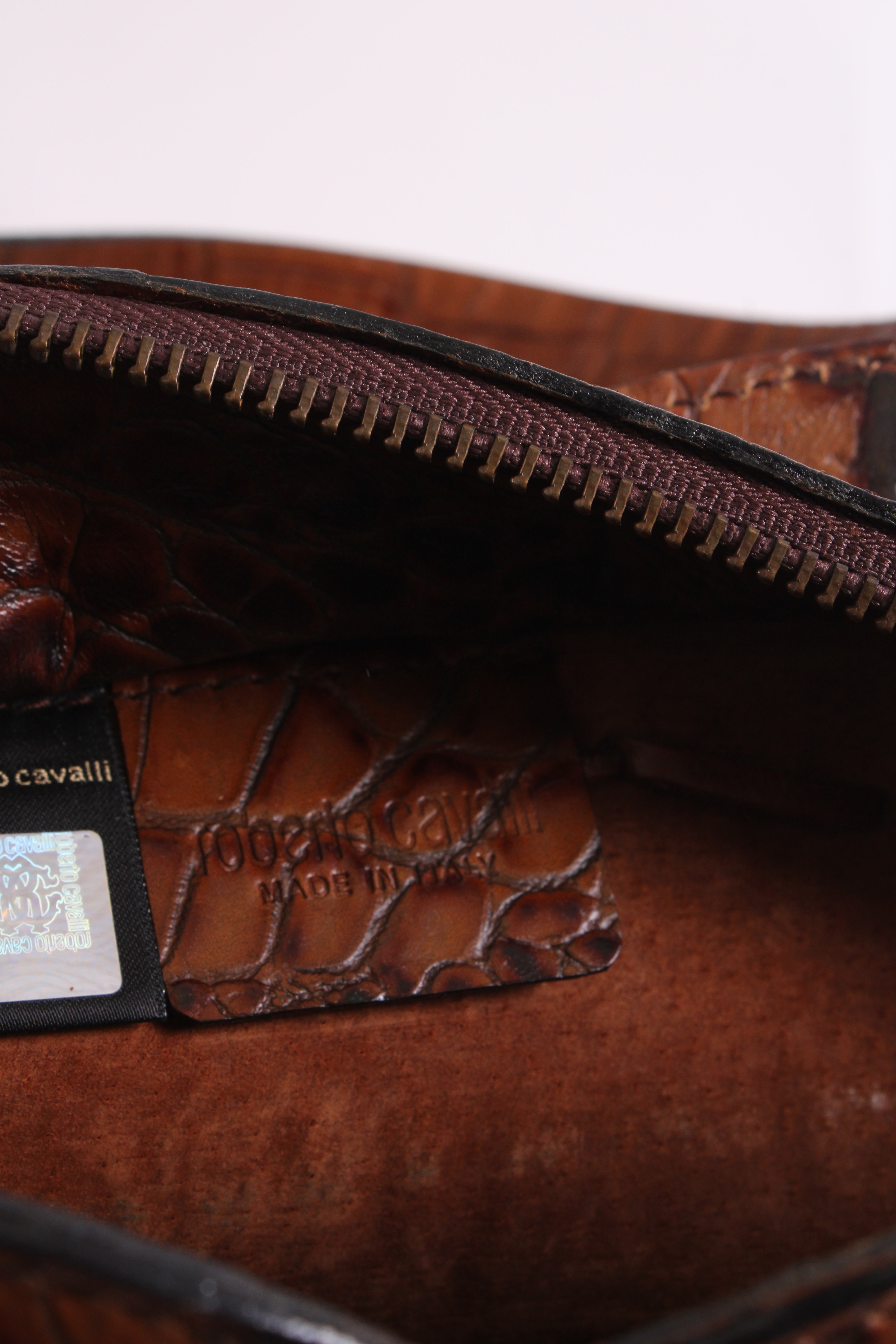 Roberto Cavalli Crocodile Embossed Handbag Tan