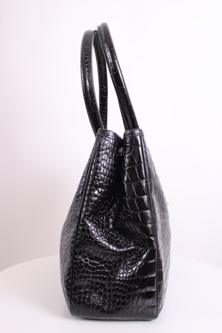 Long Champ Croc Leather Tote Bag Black Small