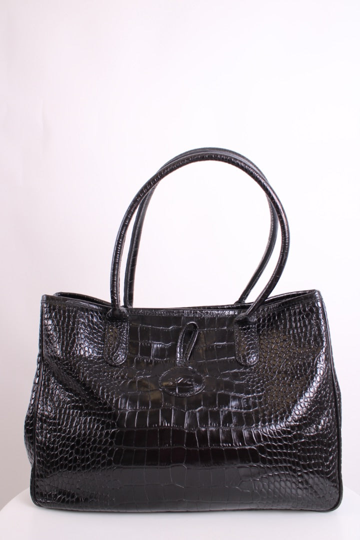 Long Champ Croc Leather Tote Bag Black Small