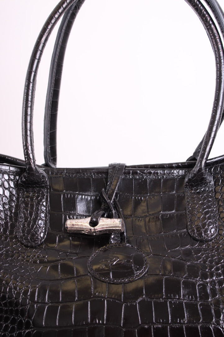 Long Champ Croc Leather Tote Bag Black Small