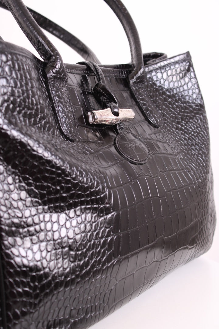 Long Champ Croc Leather Tote Bag Black Small