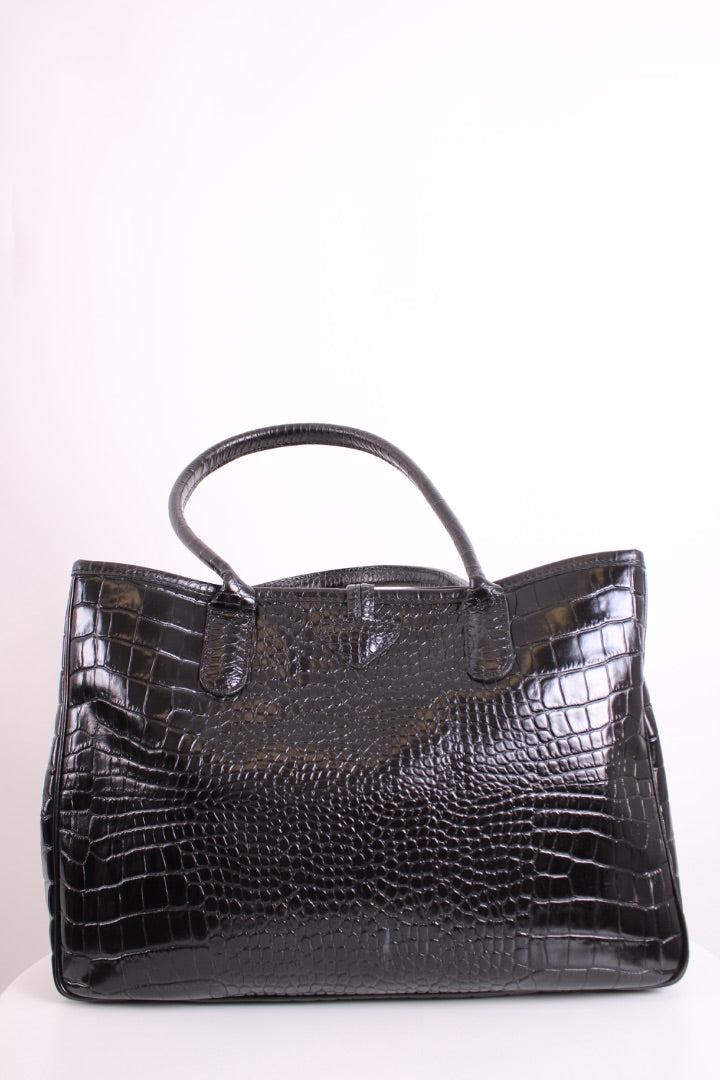 Long Champ Croc Leather Tote Bag Black Small