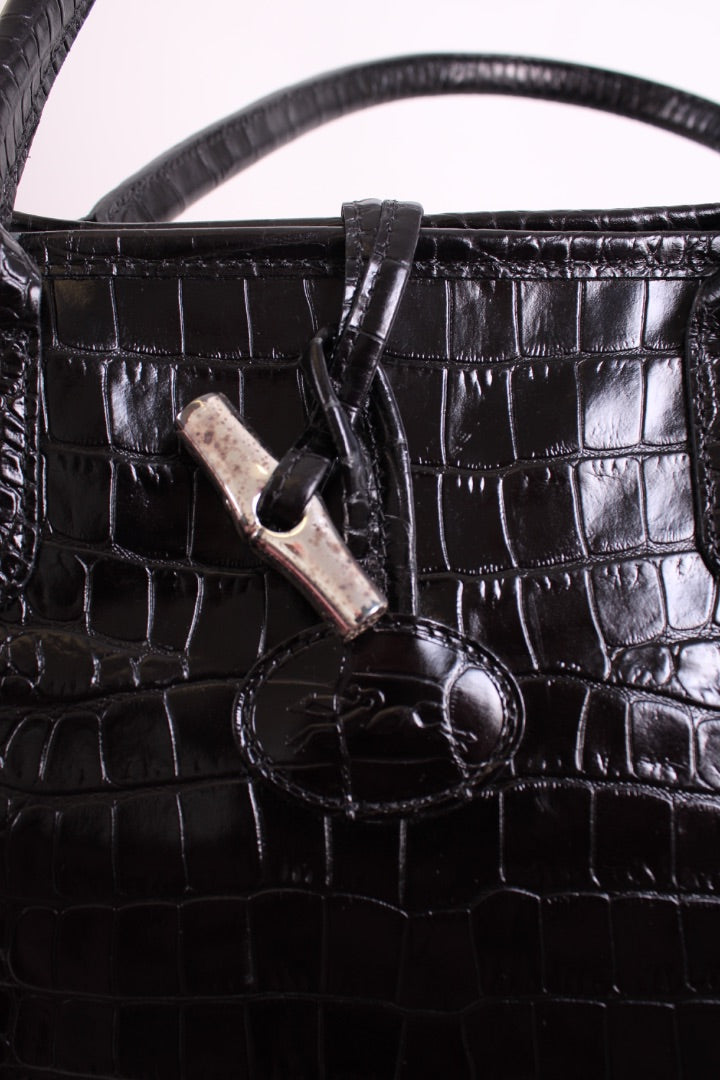 Long Champ Croc Leather Tote Bag Black Small