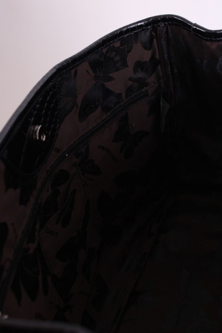 Long Champ Croc Leather Tote Bag Black Small