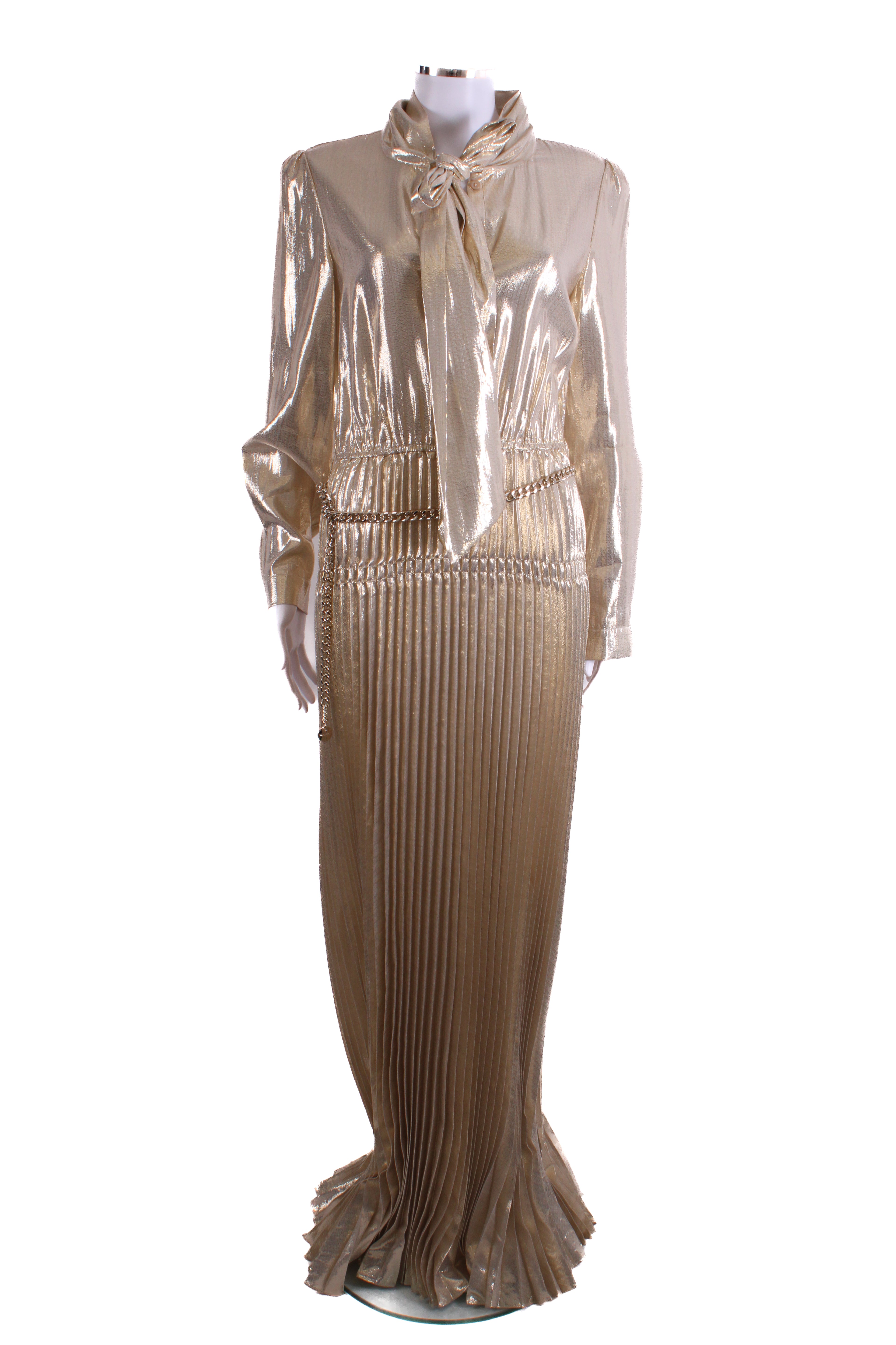 Self Portrait Gold Metallic Neck Tie Dress Gold 10